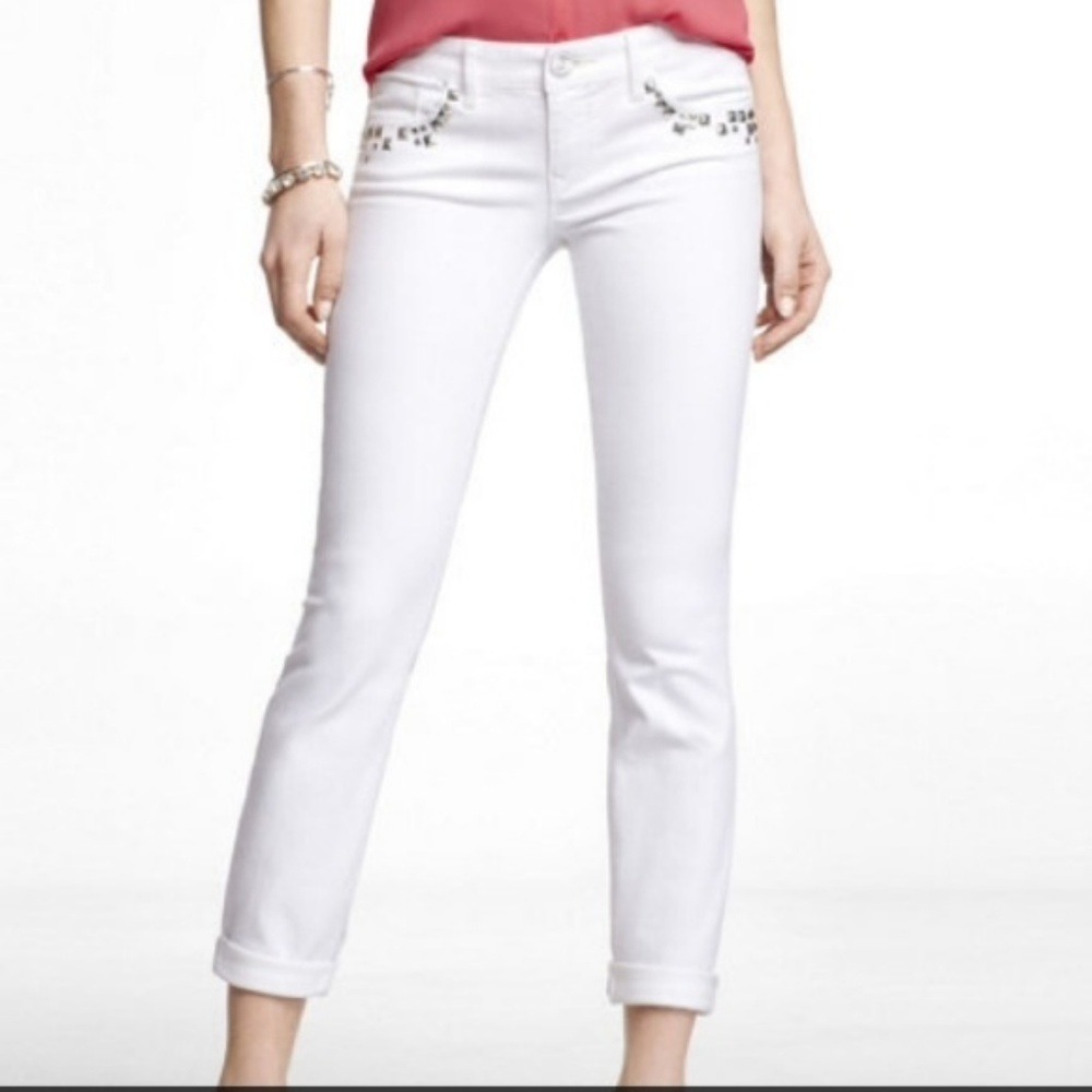 Express Stella Low Rise Ankle Skinny Jeans White Studded Size 2